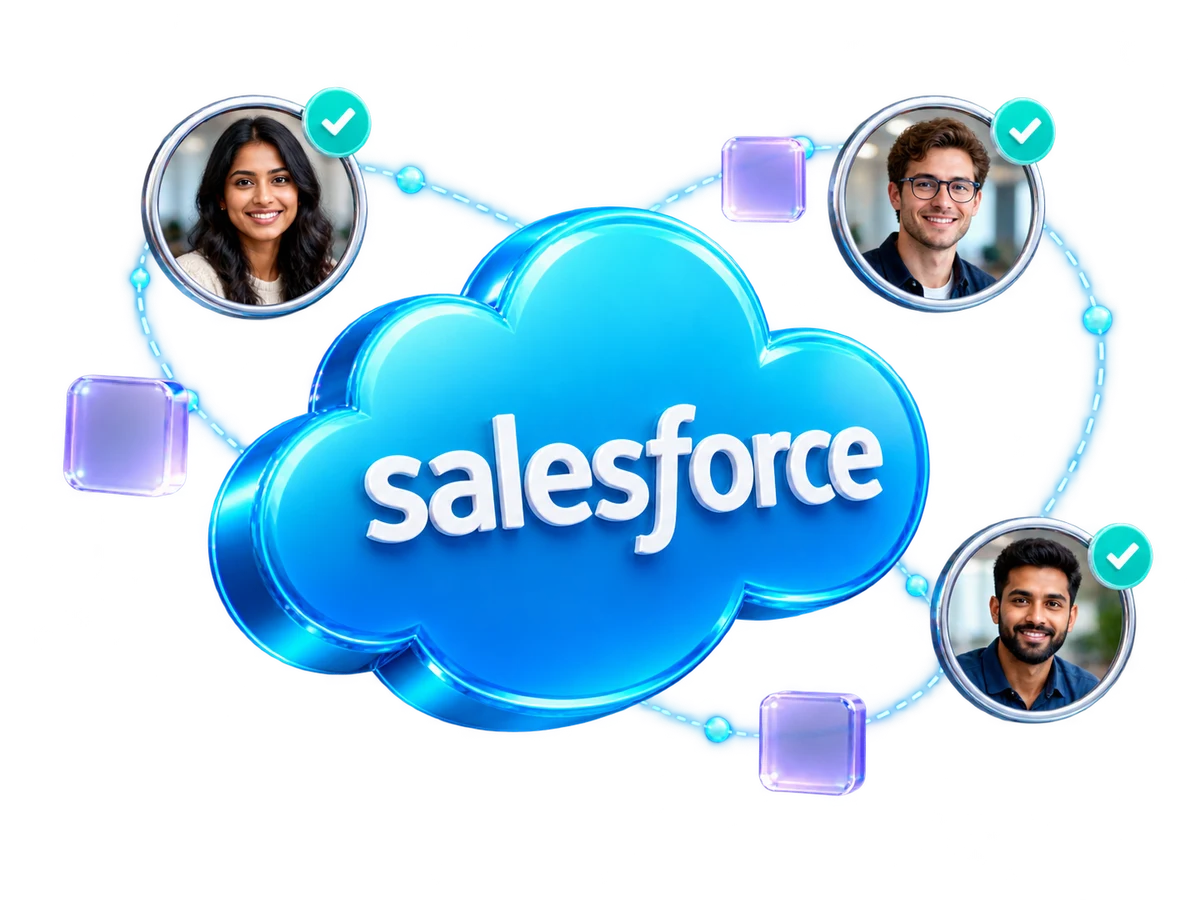 Illustration of a blue Salesforce cloud connected to three technology specialists