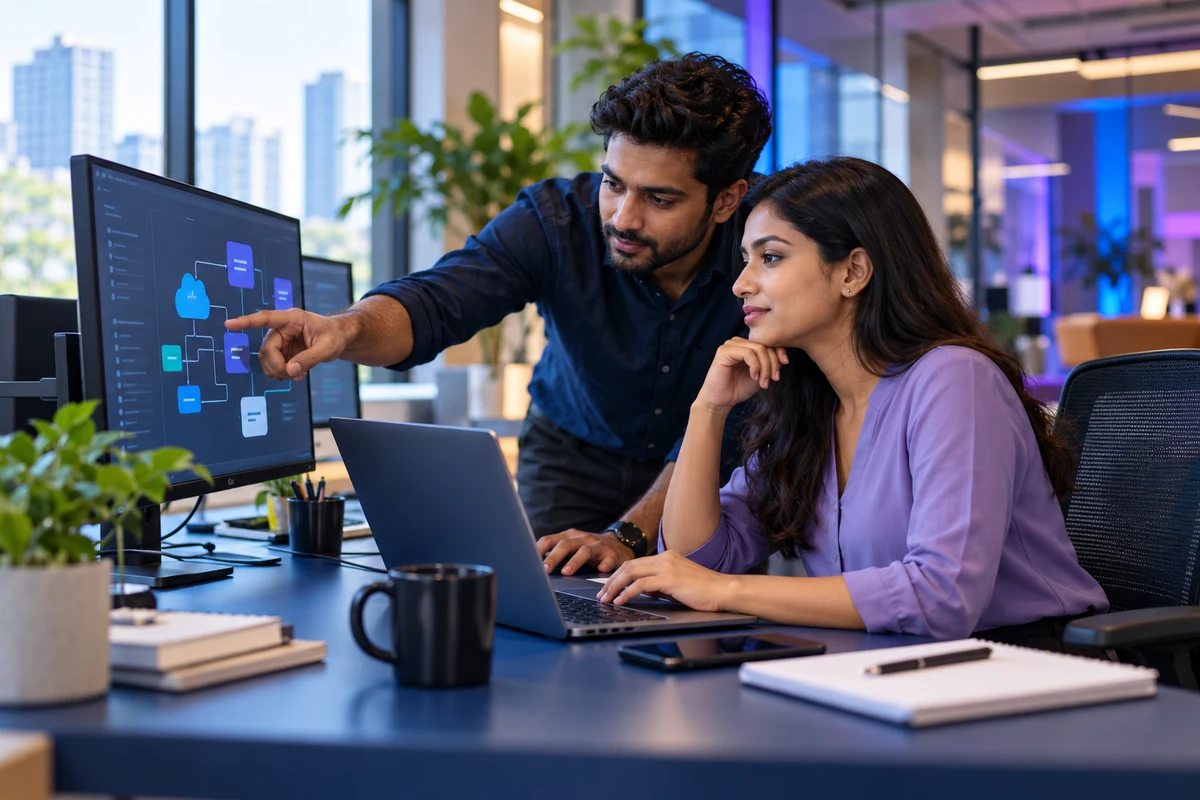 Illustrative image of two engineers collaborating on a CRM application