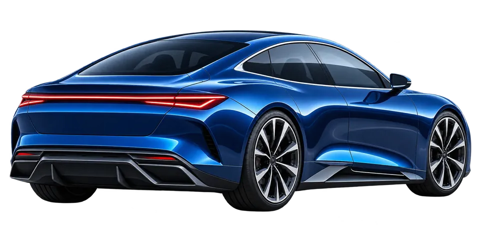 Rear three-quarter view of an unbranded navy electric concept car, facing away along the road.
